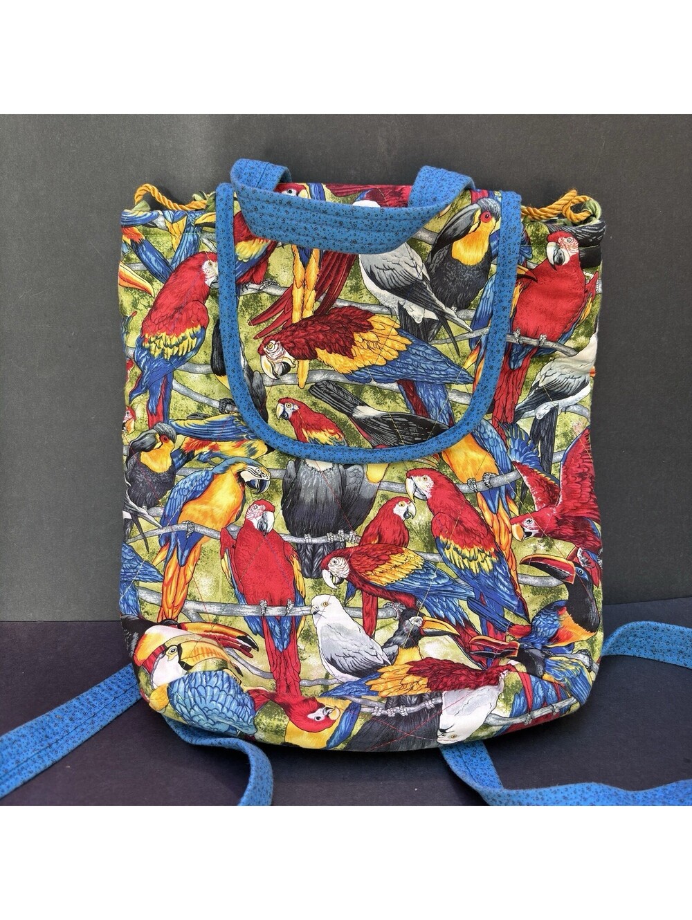 Tropical Parrots 100% Cotton Drawstring Backpack Handmade Vintage